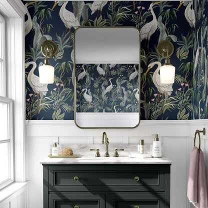 rest room with dark wallpaper and a dark grey vanity