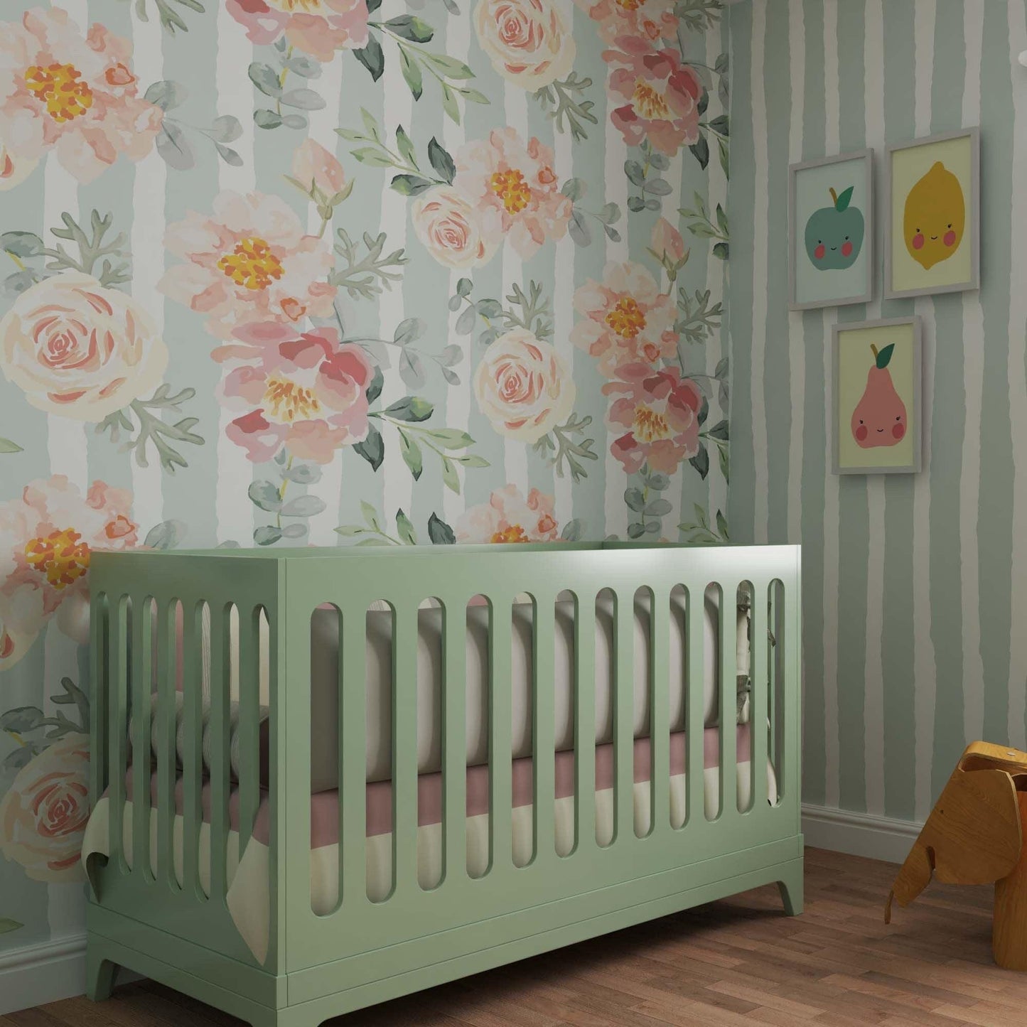 Close-up of a pastel floral wallpaper featuring pink roses on a mint green striped background.