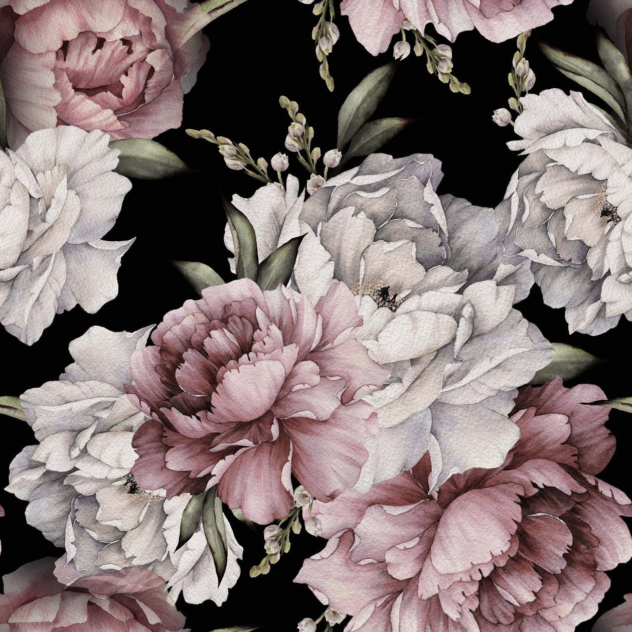 pink and white peony on a black background wallpaper pattern