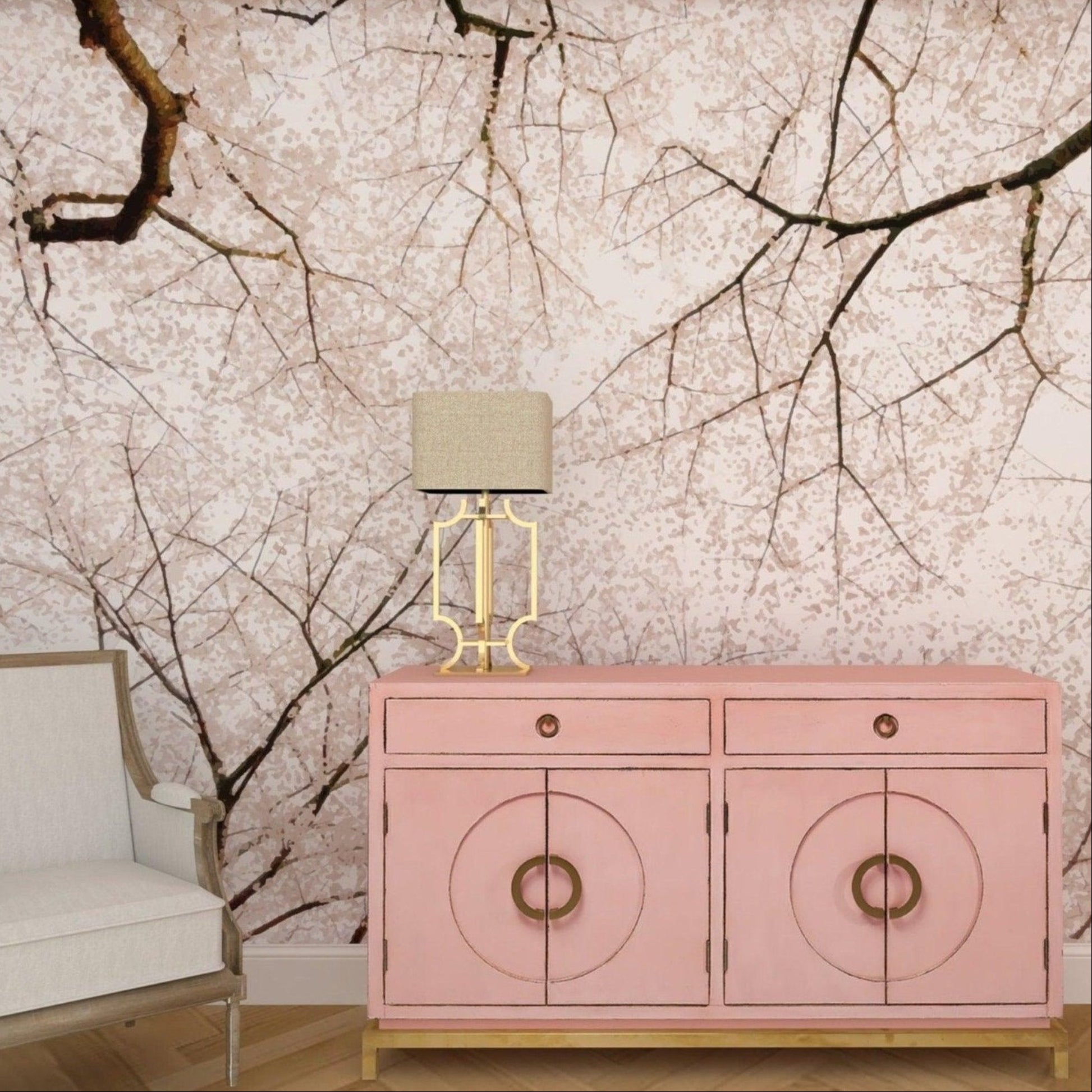 A large-scale wall mural featuring a low-angle view of cherry blossom branches with delicate pink and white flowers against a soft, light background, creating a canopy effect.