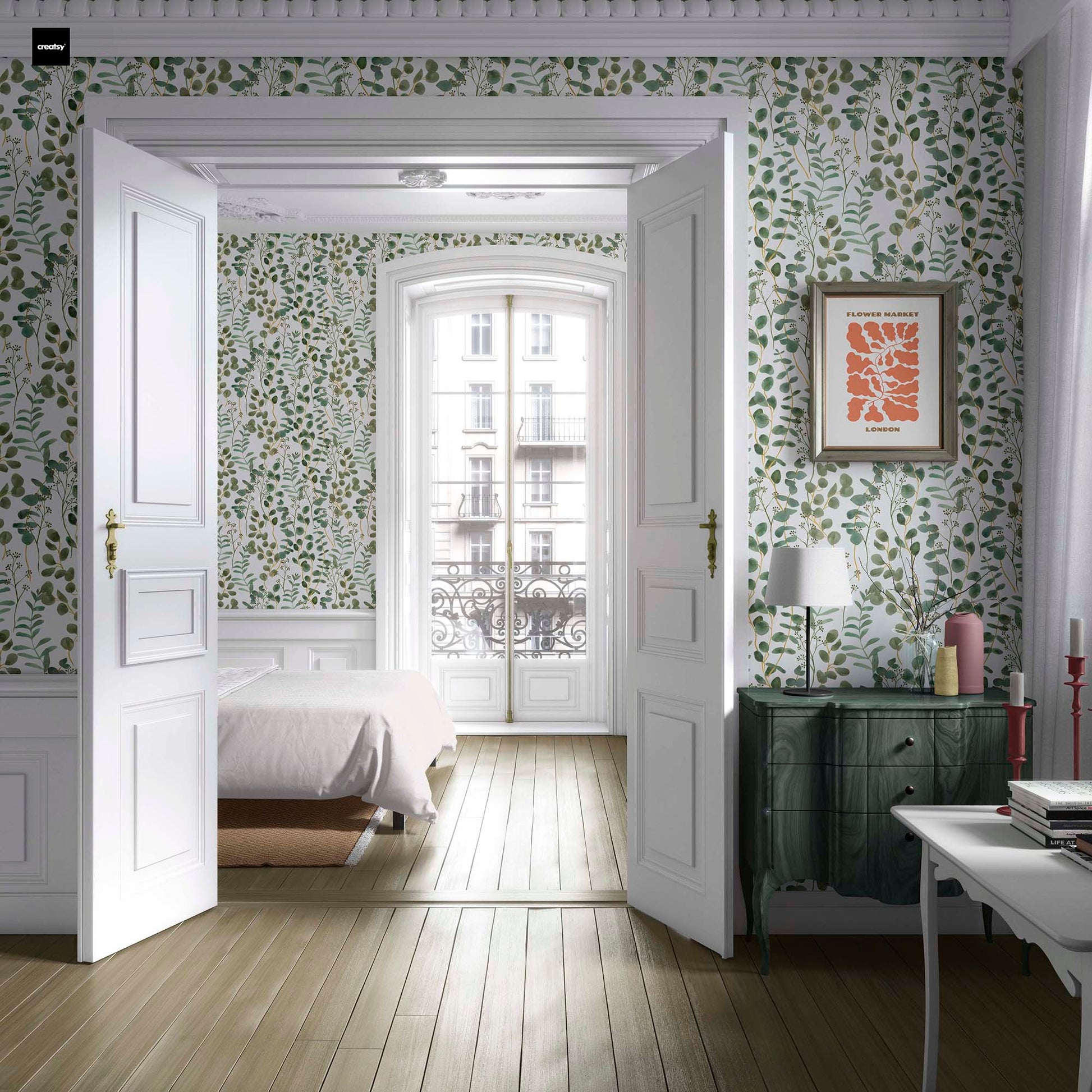 Classical_Apartment_with_olive_green_leaves_wallpaper