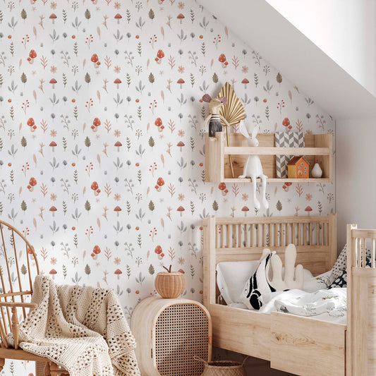 Cozy Woodland Themed Children's Bedroom with Mushroom Wallpaper