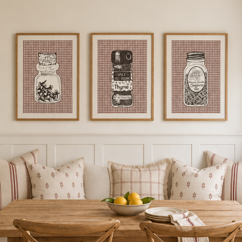 Cozy dining room in a brown and white pallete with a set of 3 spice jar prints with wood frame