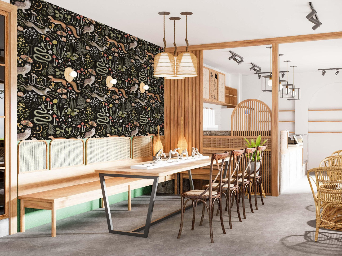 Dining Room with rustic decor and a moody atmosphere, featuring a wooden table and chairs, hanging  lamp, and wallpaper with nature motifs—squirrels, snakes, and mushrooms—perfect for those who appreciate the cottagecore aesthetic.