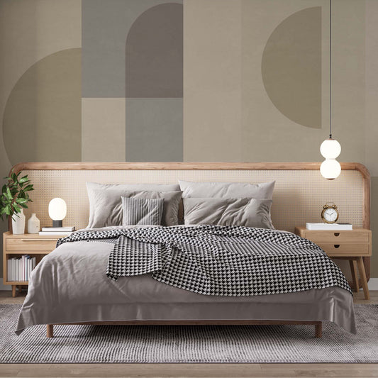 cat-610567389512 The focal point in this master bedroom is an abstract geometric mural featuring overlapping arches and circles in shades of beige, taupe, and muted green. This "Bauhaus-inspired" style is popular for creating a sophisticated yet calming bedroom retreat
