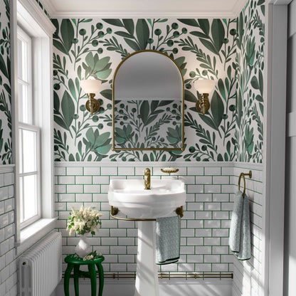 cat-610804236616 Bathroom interior featuring sage green botanical leaf wallpaper above white subway tiles with green grout
