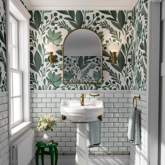cat-610804236616 Bathroom interior featuring sage green botanical leaf wallpaper above white subway tiles with green grout