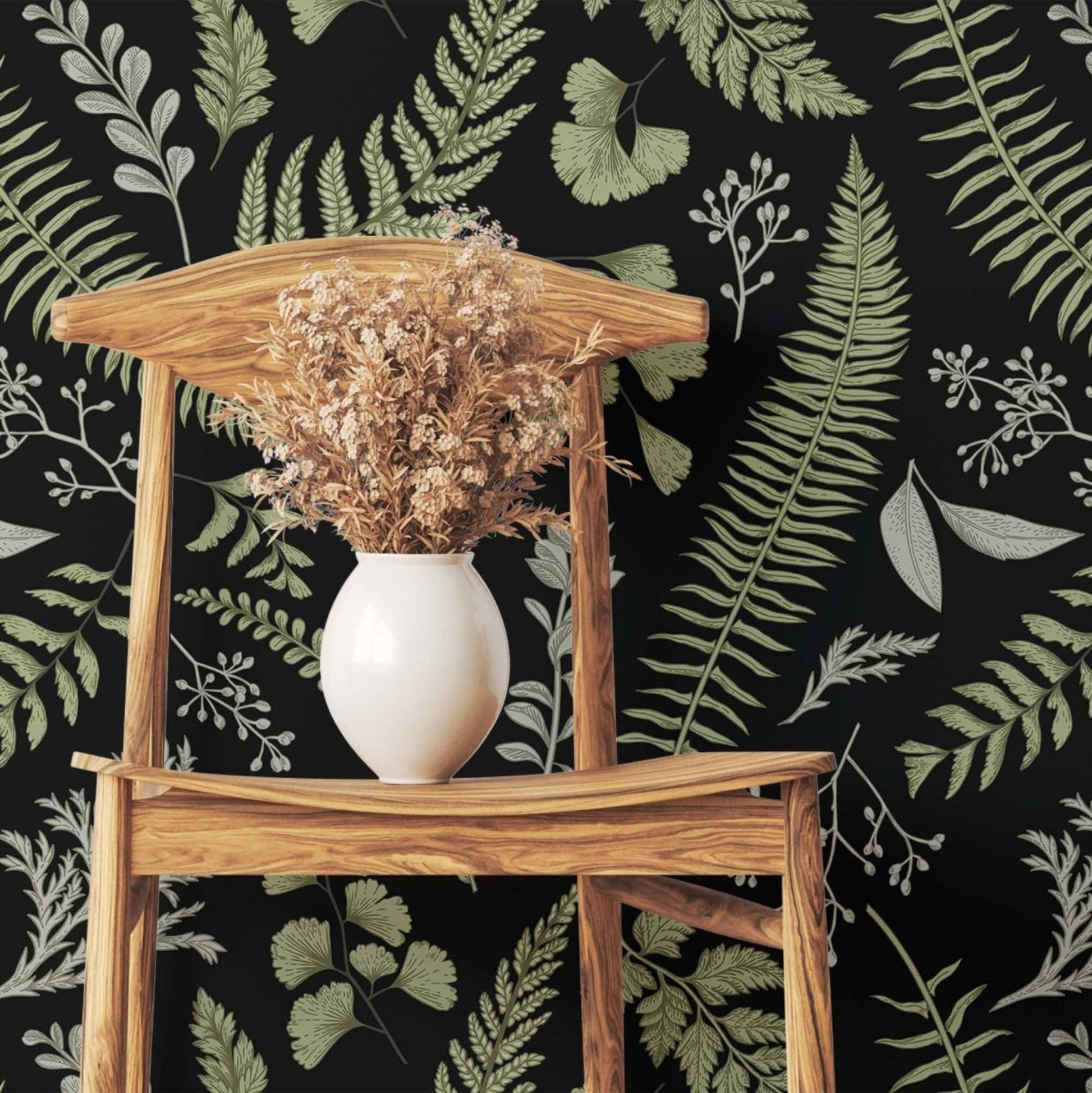 Rustic wooden chair and Fern Forest Wallpaper with lush green tropical leaves over a black background