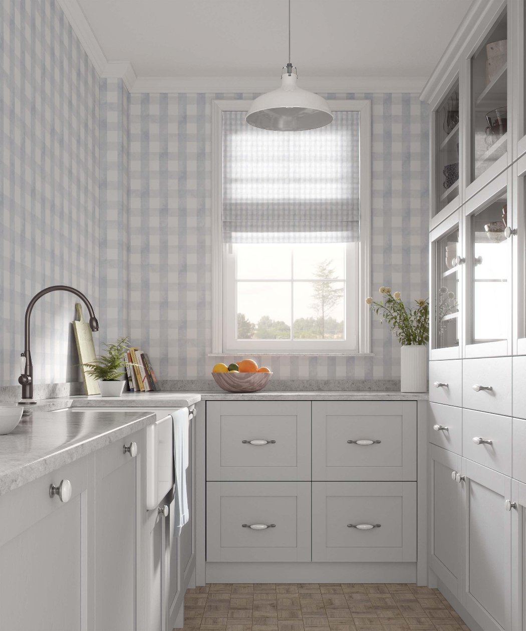 A bright kitchen featuring white cabinets and grey and white checkered wallpaper, creating a cheerful and inviting atmosphere.