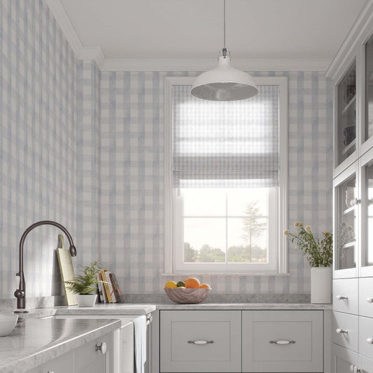 cat-615198490952 A bright kitchen featuring white cabinets and grey and white checkered wallpaper, creating a cheerful and inviting atmosphere.