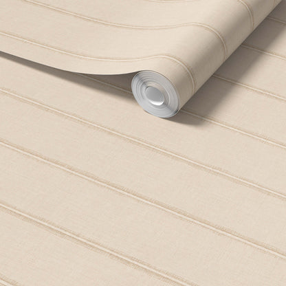 French Linen Stripe wallpaper close-up, beige linen texture with subtle oat and cream stripes