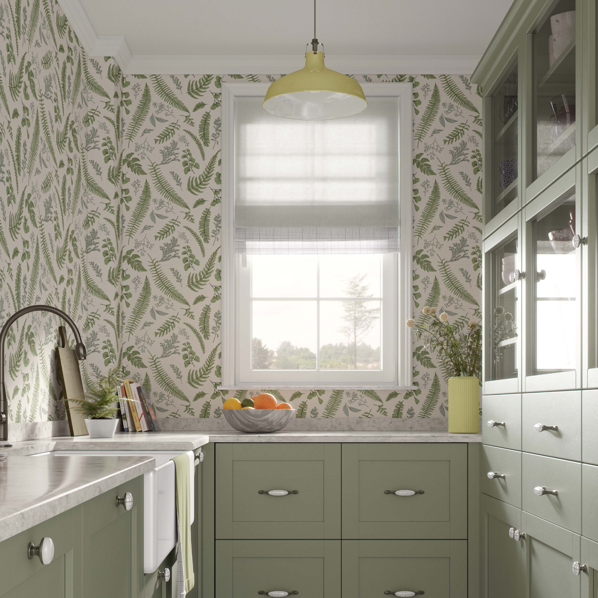 Classic french style kitchen with white cabinets and a tropical wallpaper featuring fern leaves on a beige background.