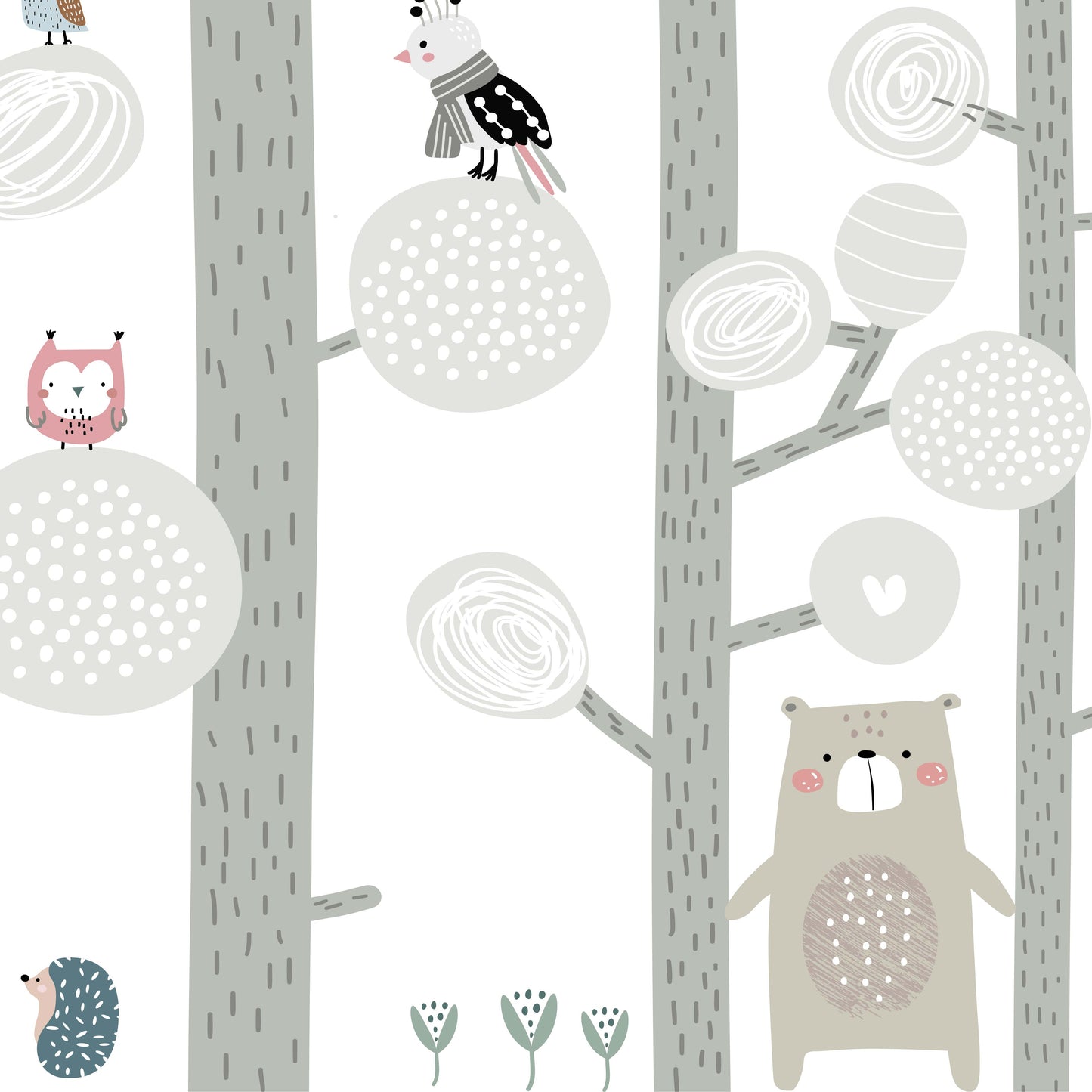 Detail of Happy Forest mural showing illustrated owls, bears, birds and hedgehog in soft gray and blush pink tones