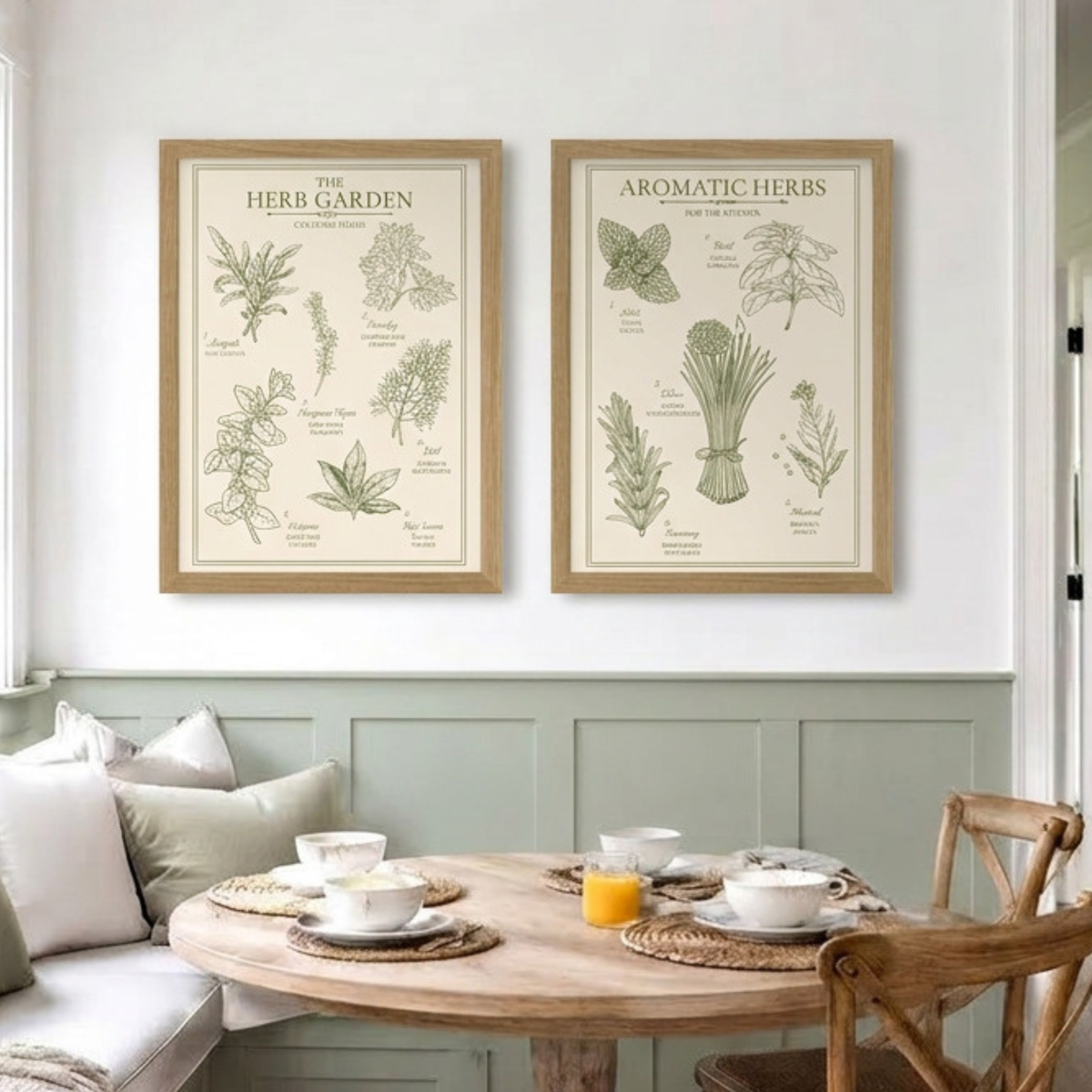 Herb Garden and Aromatic Herbs botanical print set of 2 in wood frames above a dining nook