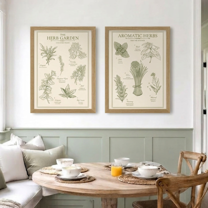 Herb Garden and Aromatic Herbs botanical print set of 2 in wood frames above a dining nook