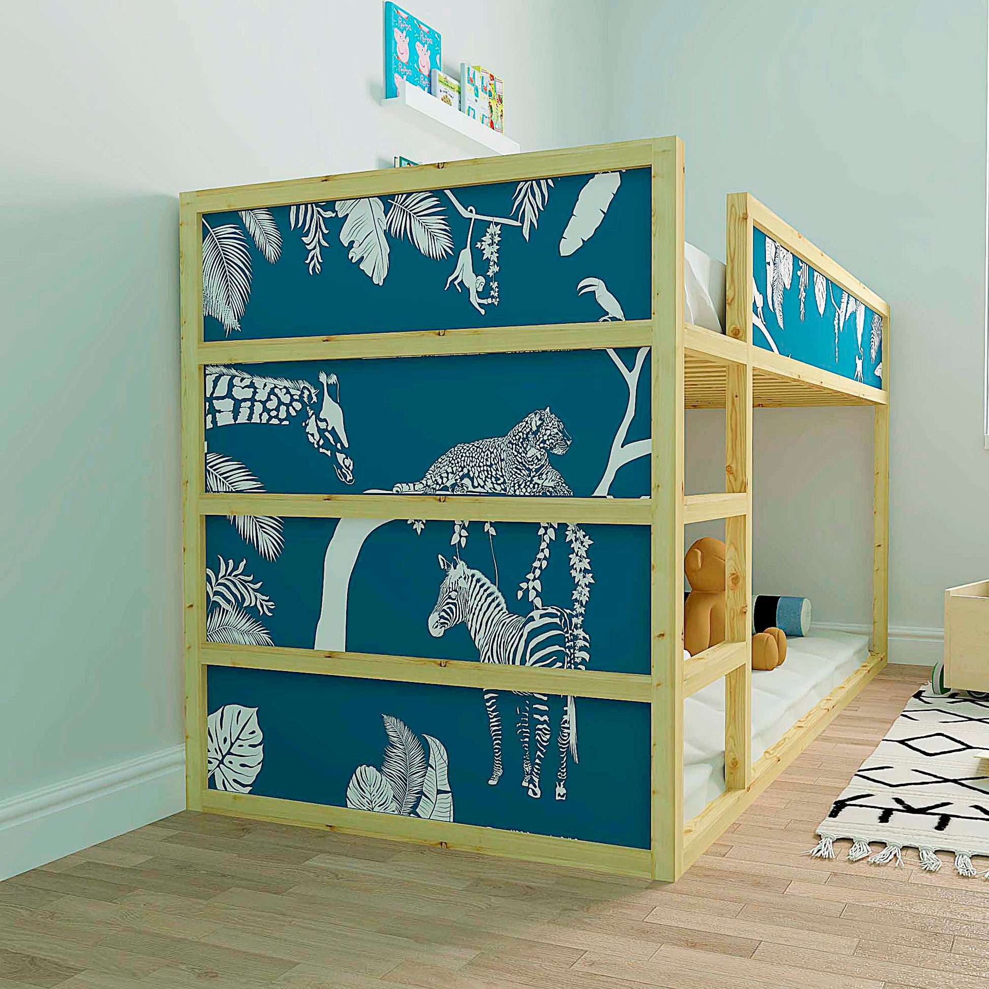 Ikea kura bed decals featurting jungle animals.
