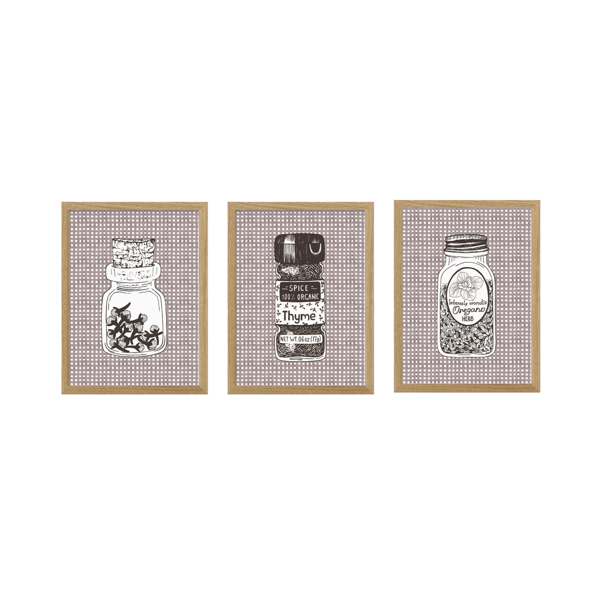 Kitchen Spice Jar Print Set of 3 natural wood frame
