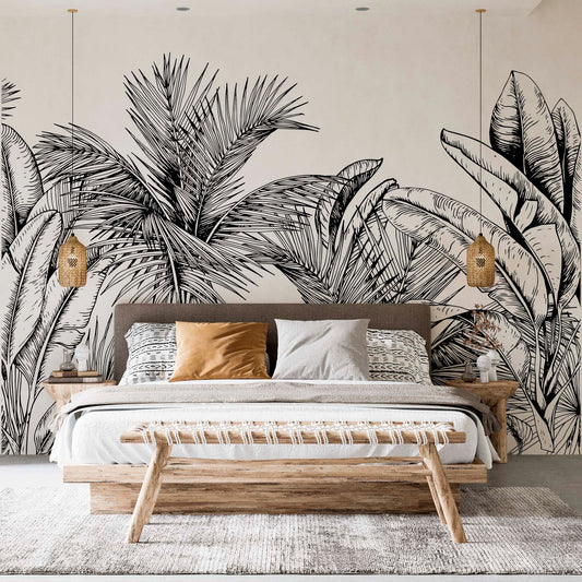 cat-610567389512 Modern Tropical Bedroom with Black and White Palm Leaf Mural