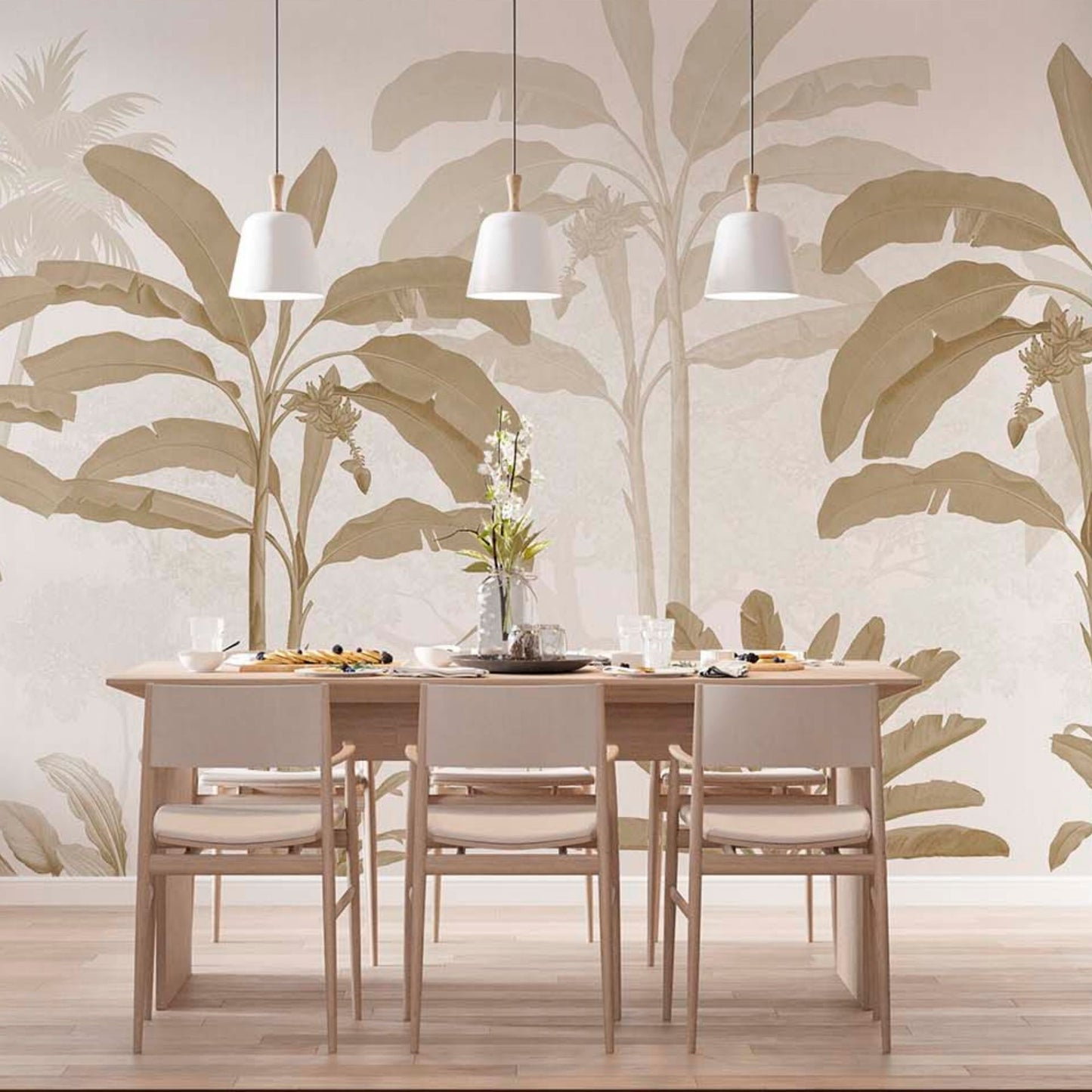 cat-610512830792 Beige tropical dining room wall mural with neutral banana leaves behind a dining table