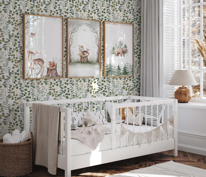 Olive green leaves wallpaper in nursery room with a white crib