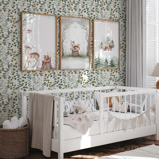cat-615198294344 
Olive green leaves wallpaper in nursery room with a white crib.