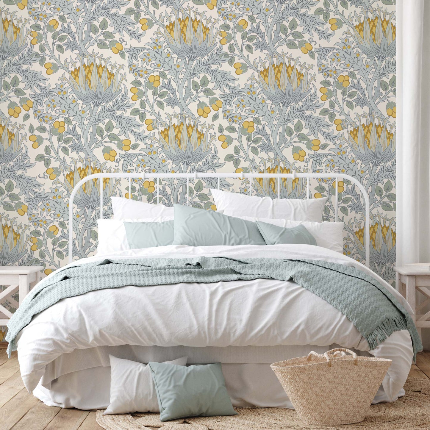 Master bedroom with a floral wallpaper in pastel blue and yellow