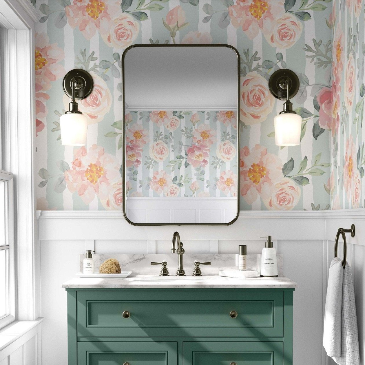 Pastel pink and green floral wallpaper for powder room decor