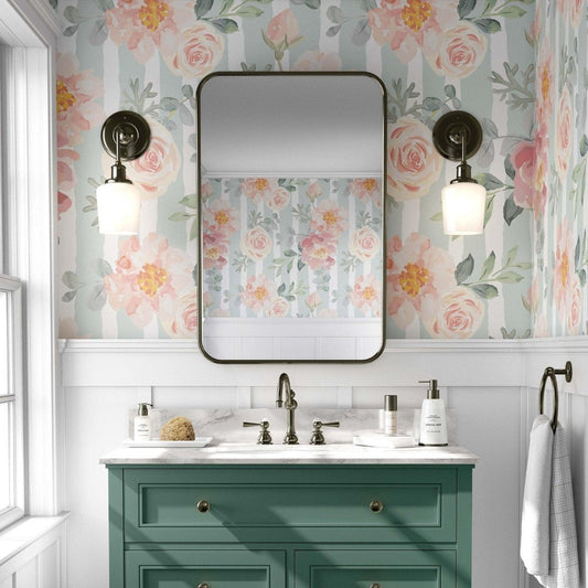 Pastel pink and green floral wallpaper for powder room decor