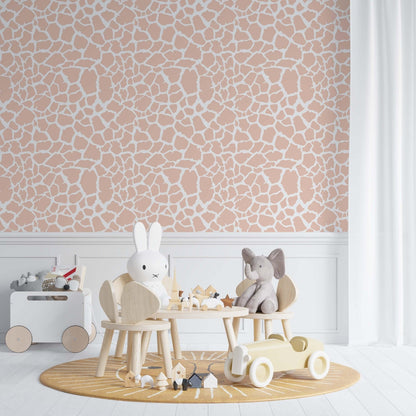 Pink Giraffe Pattern wallpaper in a classic kids bedroom featuring a white wainscot.