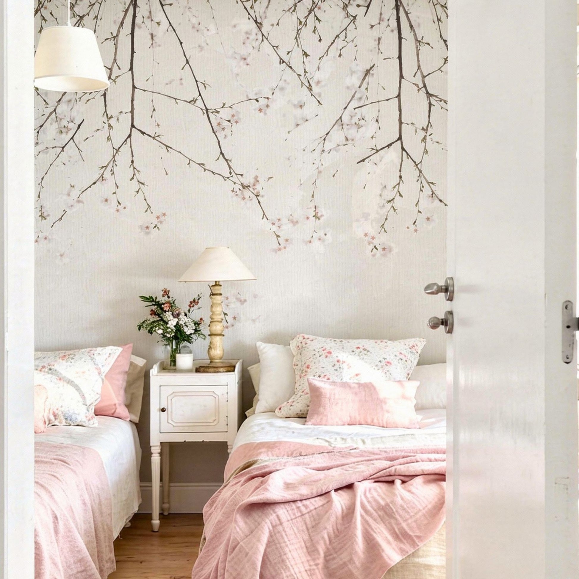 cat-661212758344 A bright bedroom with two twin beds featuring pink bedding and floral pillows, centered around a vintage nightstand and a large wall mural of descending cherry blossom branches.
