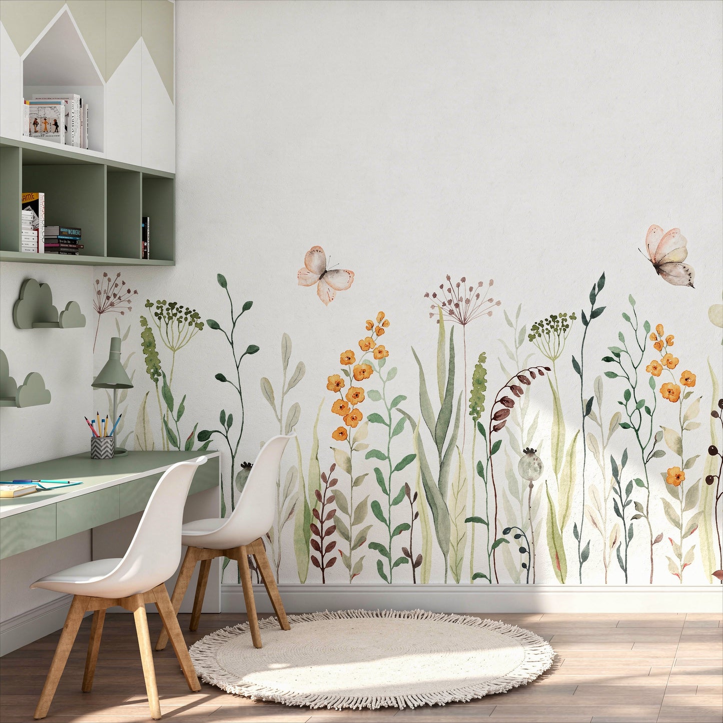 cat-661212758344 A sunlit children's study area featuring a sage green desk, two white modern chairs, and a floor-to-ceiling watercolor wildflower and butterfly wall mural.
