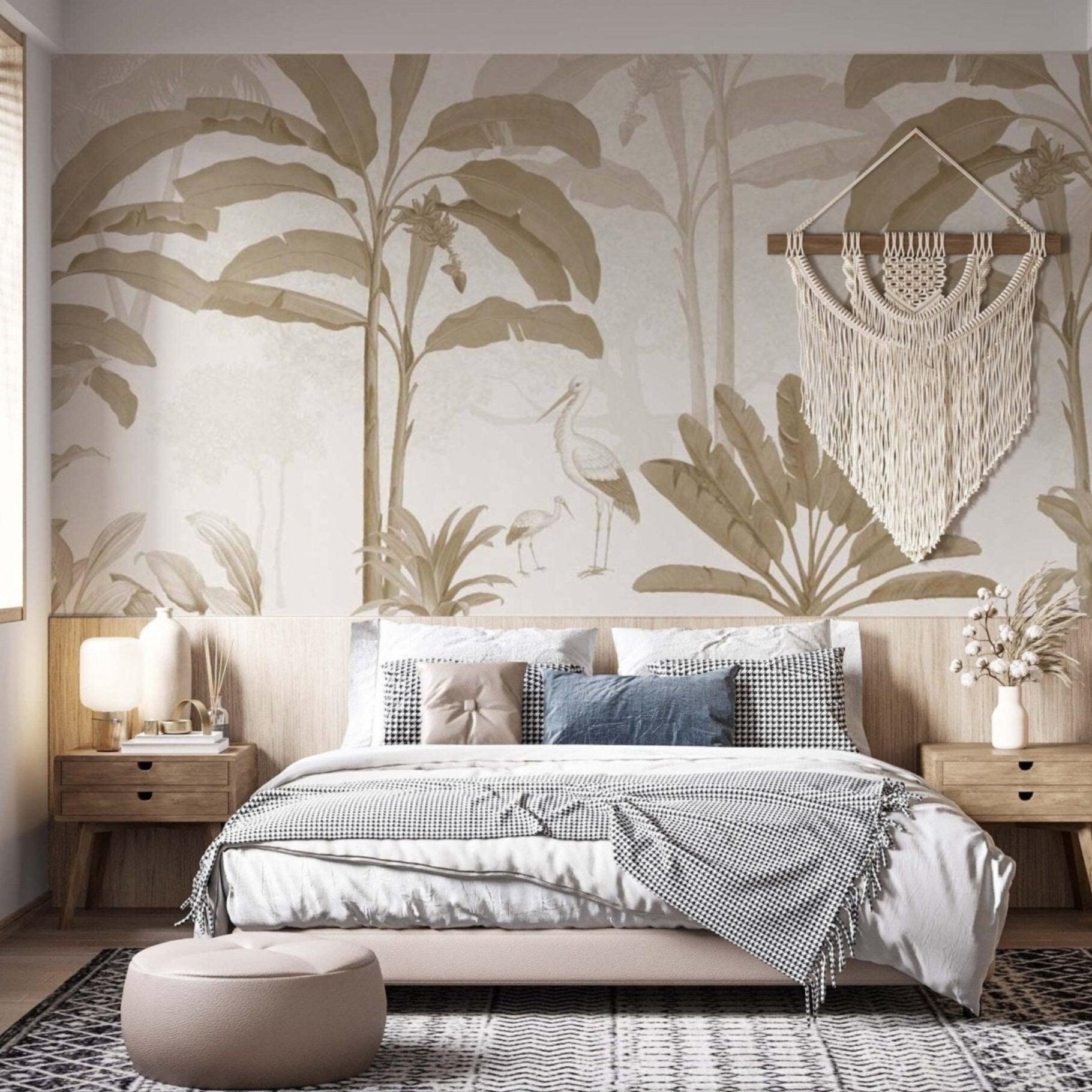 Sepia color tropical mural in master bedroom
