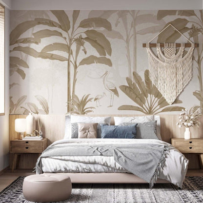 Sepia color tropical mural in master bedroom