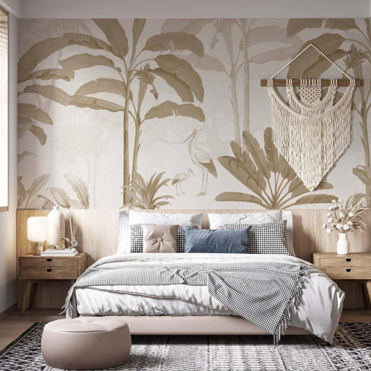 Sepia color tropical mural in master bedroom