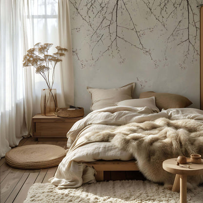 A serene bedroom scene showcasing a white bed complemented by a plush furry rug, enhancing the room's comfort and a soft pink cherry blossom wallpaper mural.