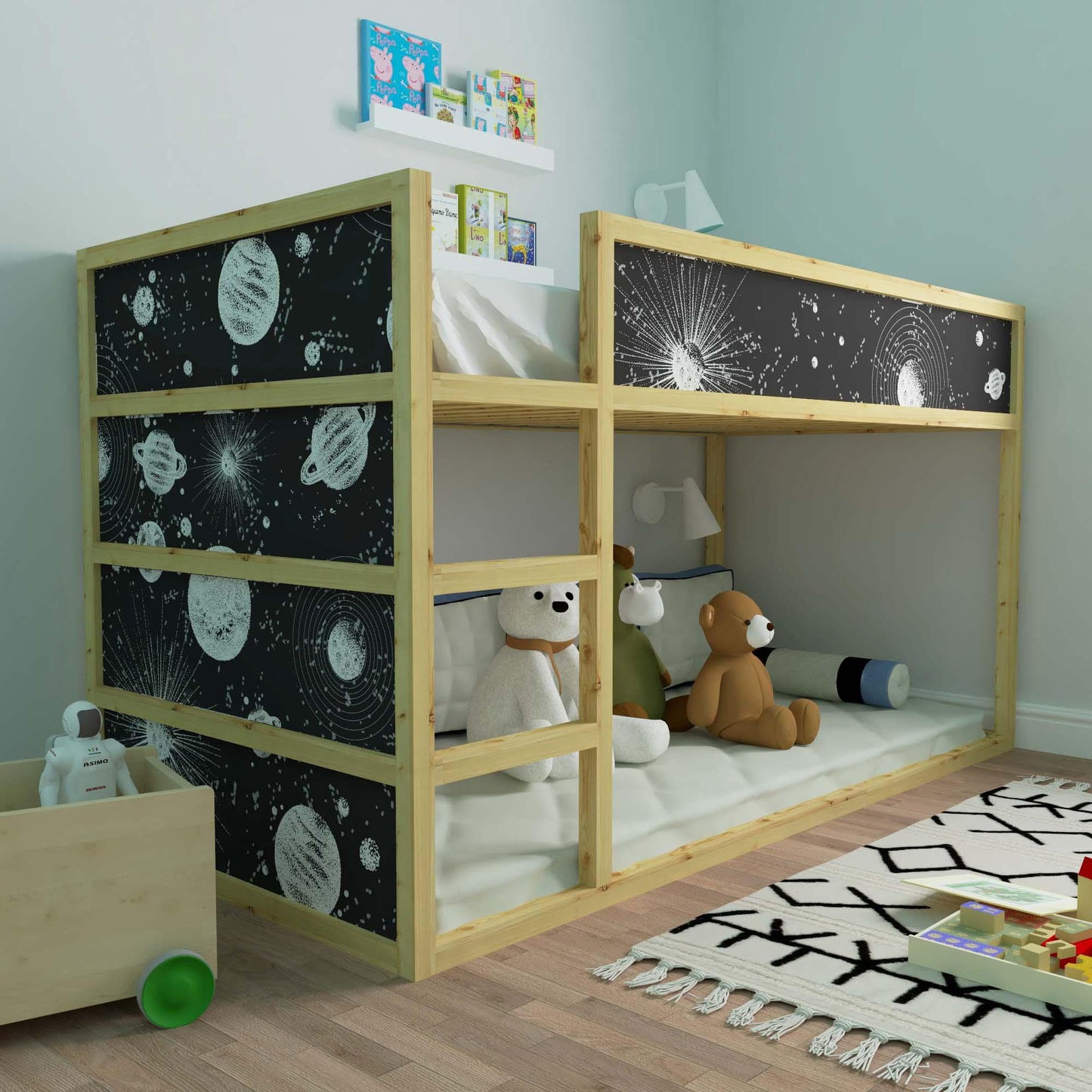 Space Ikea Kura bed decals in dark blue and white
