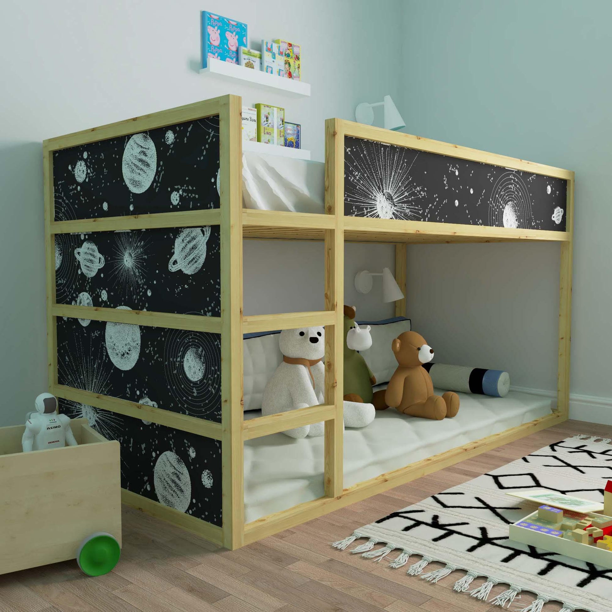 Space Ikea Kura bed decals in dark blue and white