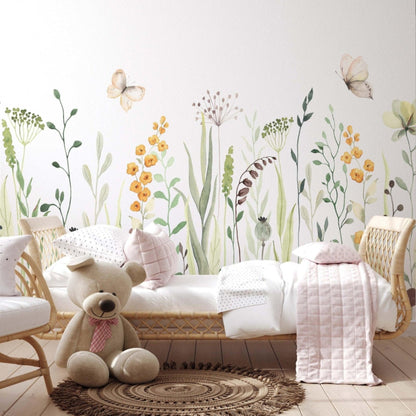 Nursery bedroom with a spring floral wallpaper