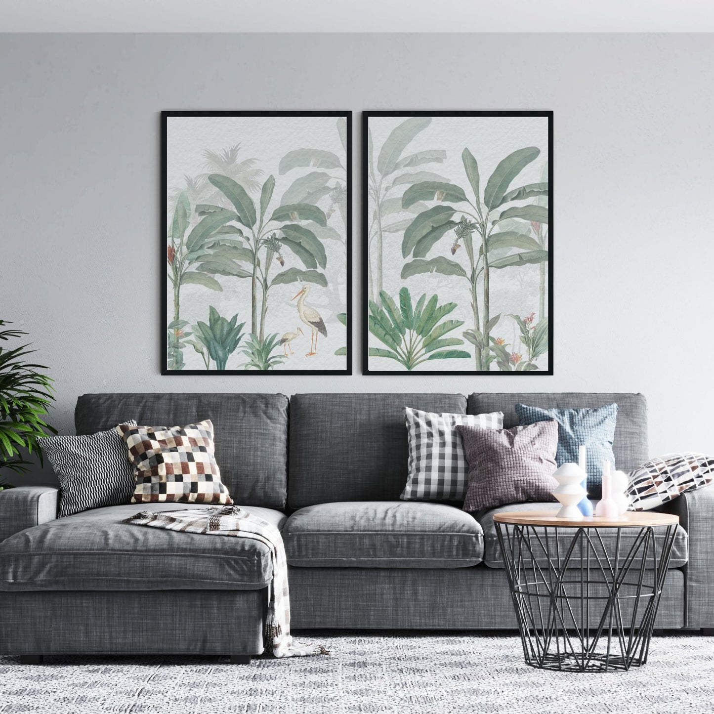 Cozy living room with a tropical wall art set