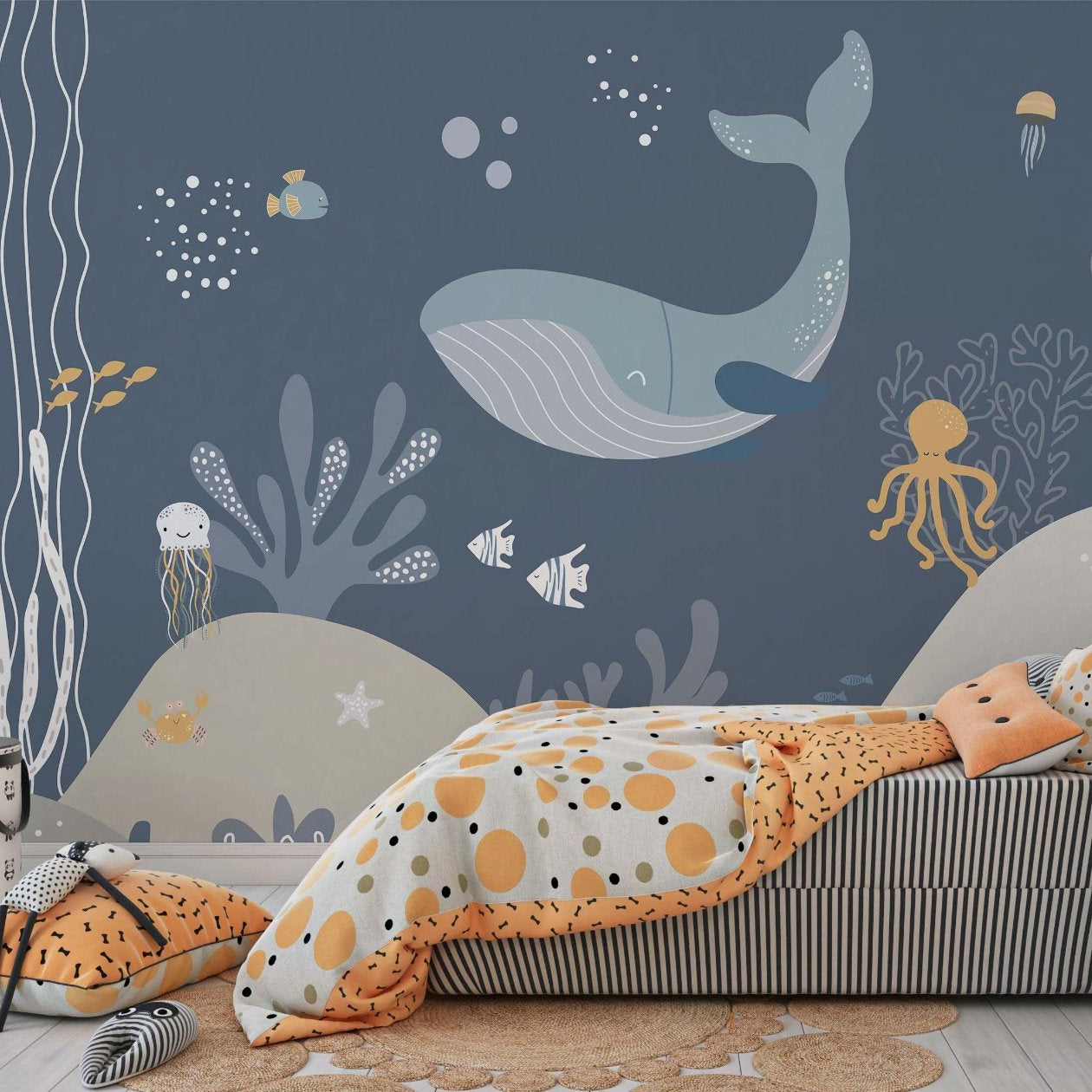 Under the sea themed wallpaper mural in a kids' bedroom 