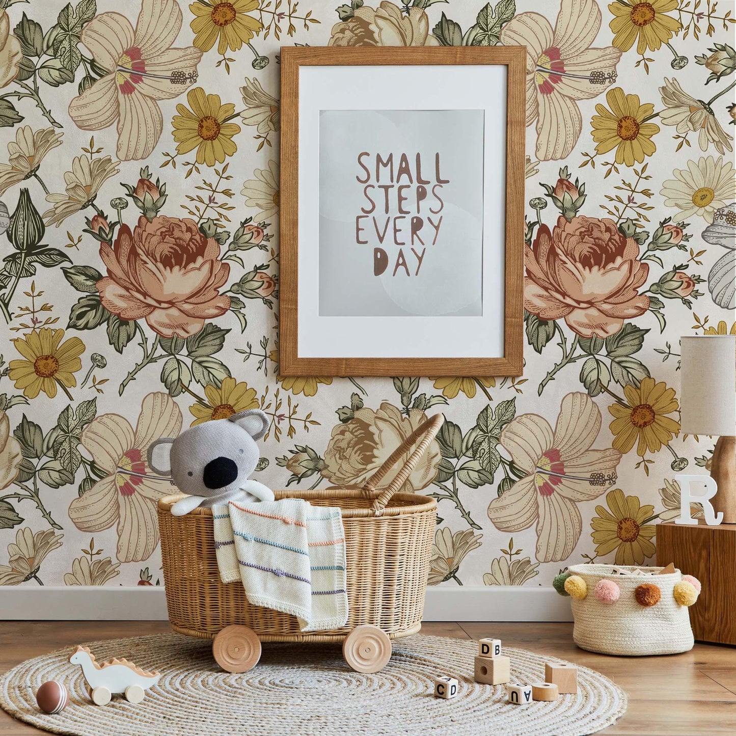 nursery with wallpaper with big flowers