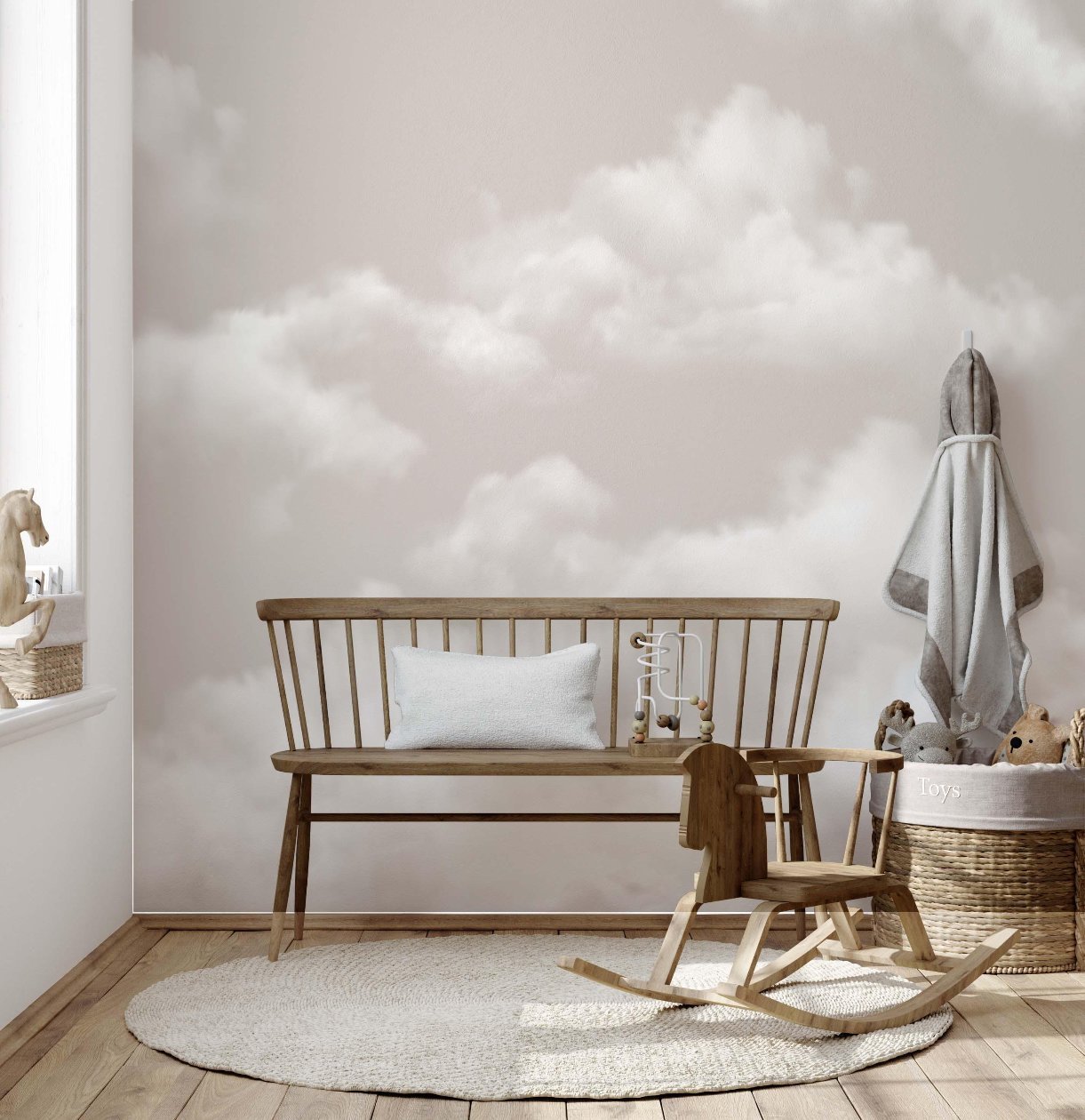 A serene room showcasing a wooden bench alongside a beautiful wall mural of clouds on the wall.
