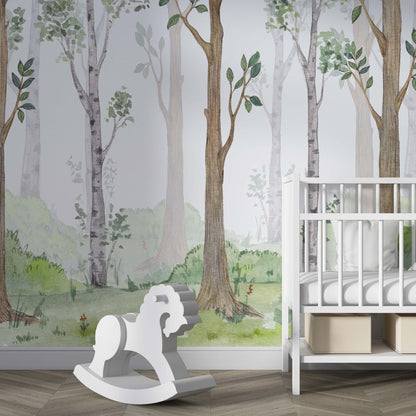 Watercolor Forest Wallpaper Mural in nursery