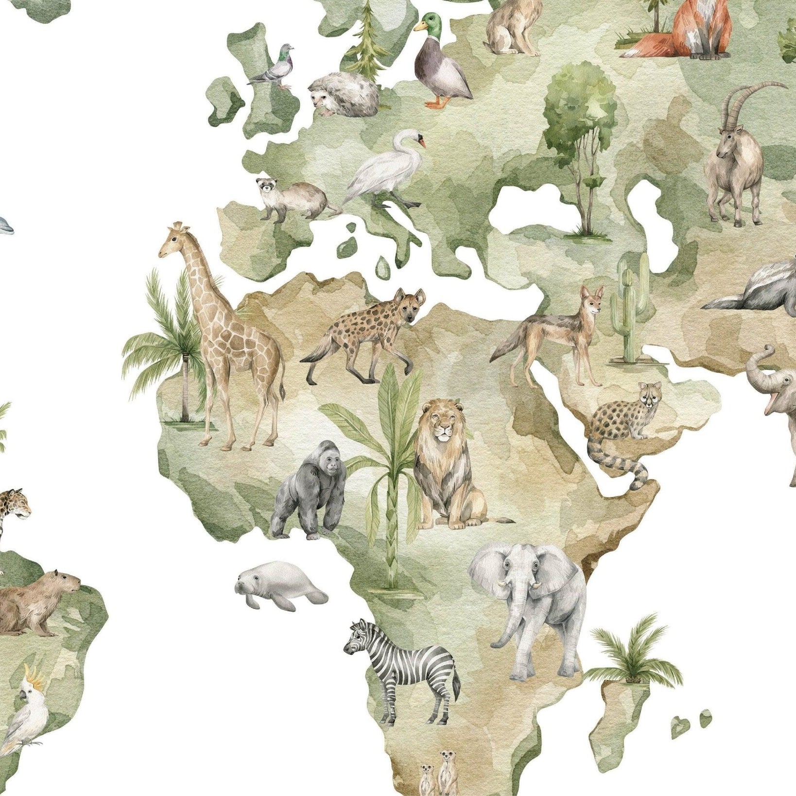 Watercolor animals world map wallpaper close-up