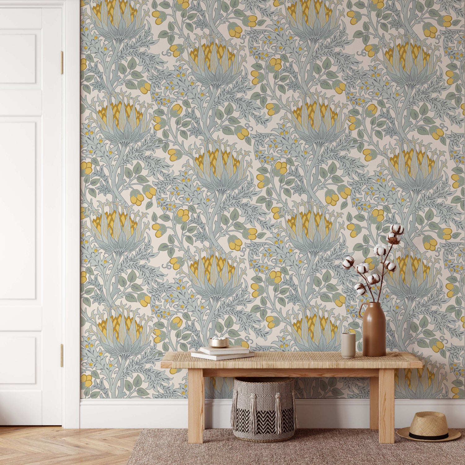 William Morris style wallpaper in reception area with a light wood bench.