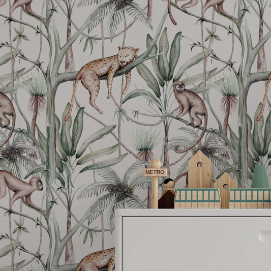 Watercolor jungle wallpaper featuring sleeping leopards and playful monkeys among tropical palm trees in a white and wood nursery setting.