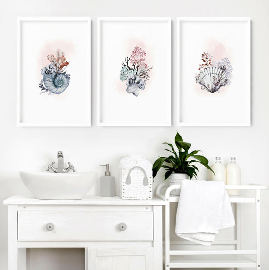 Beach theme bathroom decor | set of 3 wall art prints