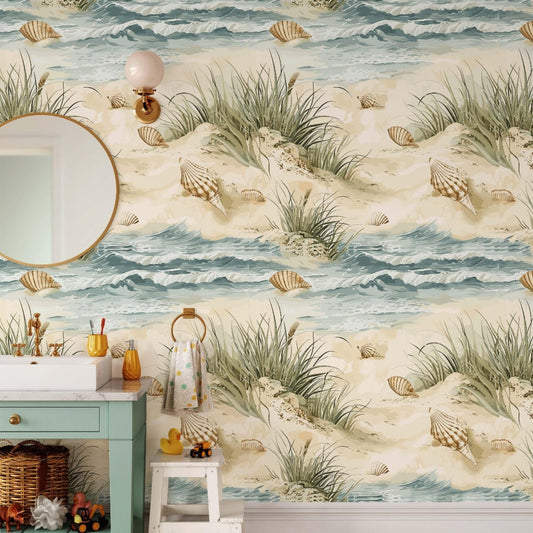  A tranquil bathroom showcasing a colorful mural of a beach and seashells on the wall, enhancing the coastal ambiance