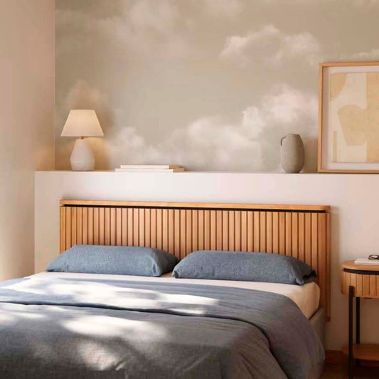 cat-610567389512 Cloud wallpaper mural in beige and sand tones styled above a vertical slatted wooden headboard in a minimalist bedroom.
