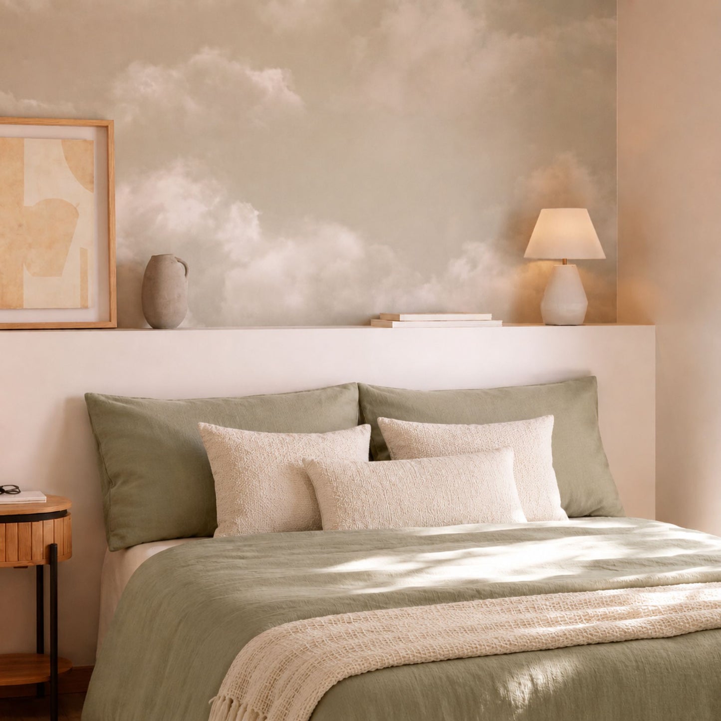 cat-610567389512 Cloud wallpaper mural in beige and sand tones styled above a vertical slatted wooden headboard in a minimalist bedroom.